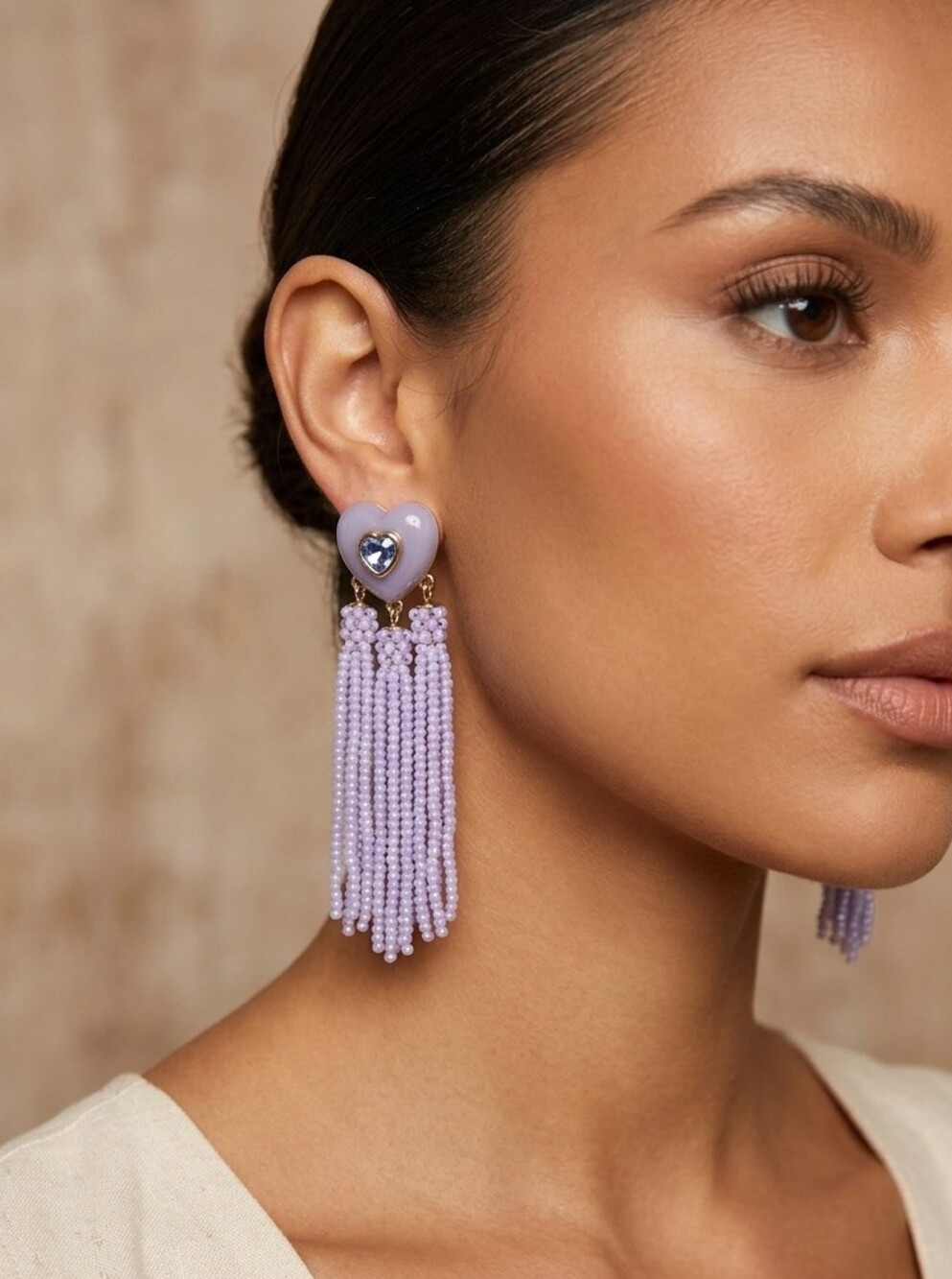 Beaded Lavender Heart Tassel Drop Earrings 2.5 Inch Long NWT